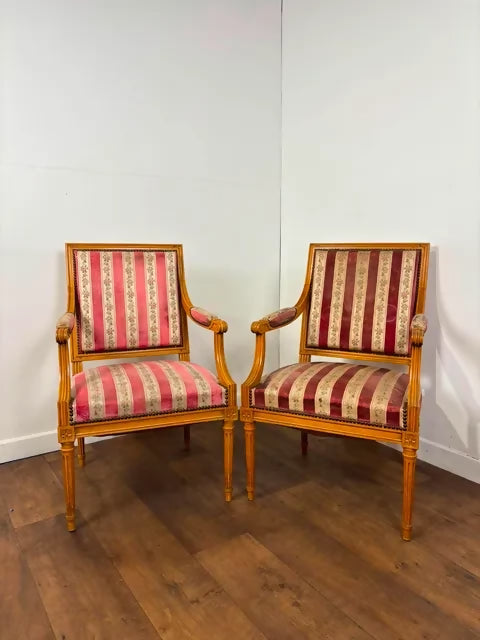 Pair of French Louis XVI Style Upholstered Armchairs