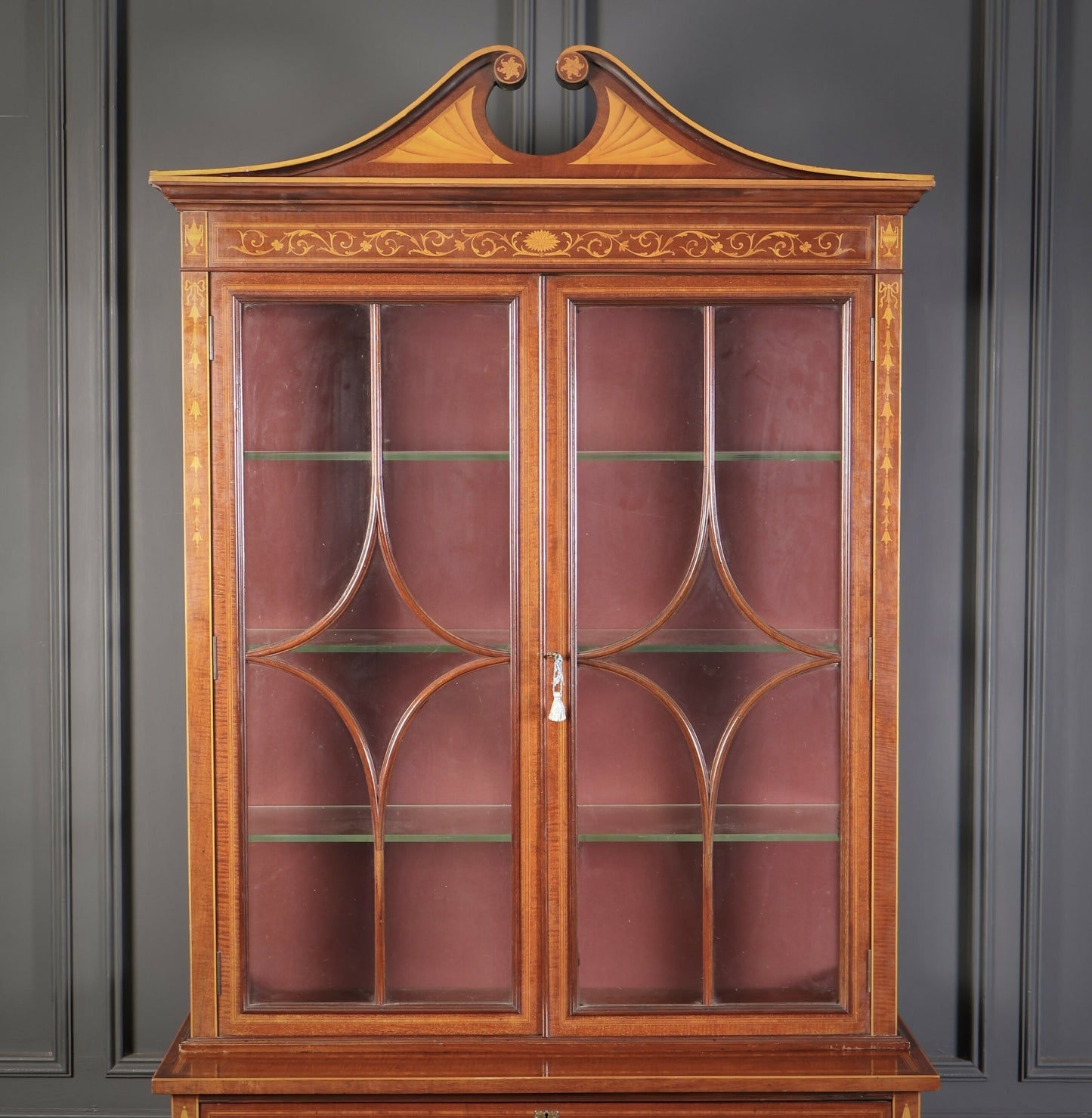 Marquetry Inlaid Mahogany Glazed Vintage Display Cabinet