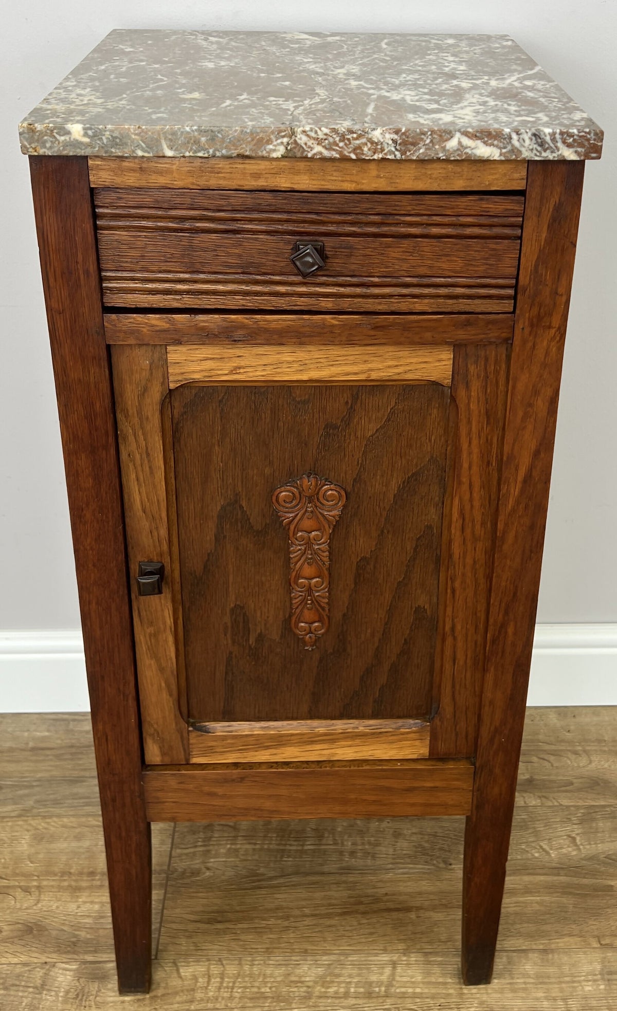 Bedside Table Antique French Style Oak Carved Marble Top Cabinet LOT 6602