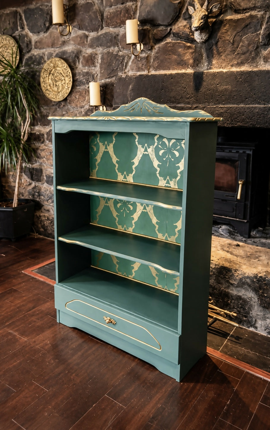 Upcycled Vintage Green & Gold Woodland 'Boxing Hares' Patterned Statement Bookcase