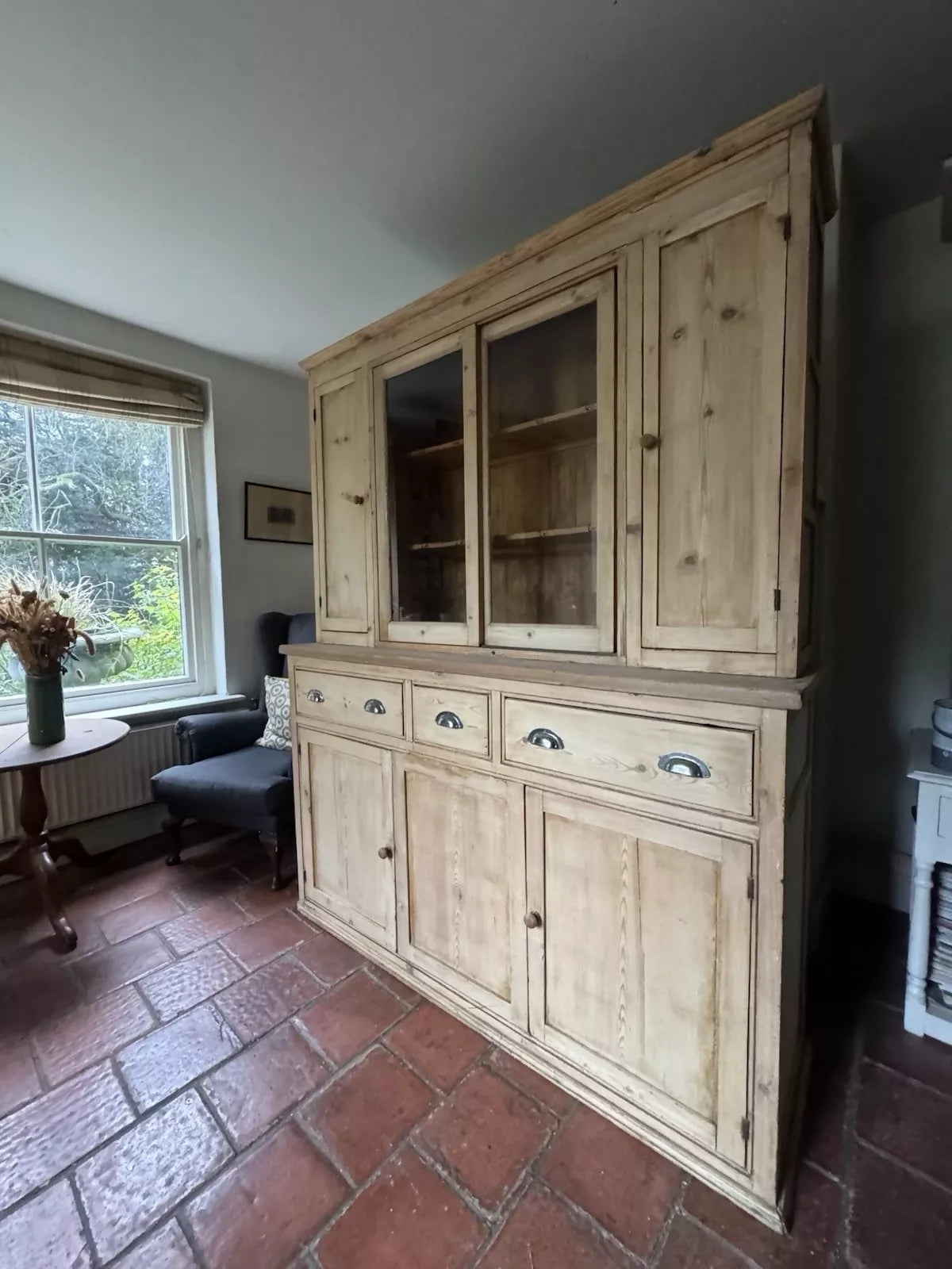 Rustic Antique Victorian Stripped Pitch Pine Cupboard Glazed Dresser Server