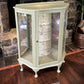Vintage Curved Display Cabinet | Sage Green & Gold | Floral Botanical Interior | Lockable Glass Drinks Cabinet