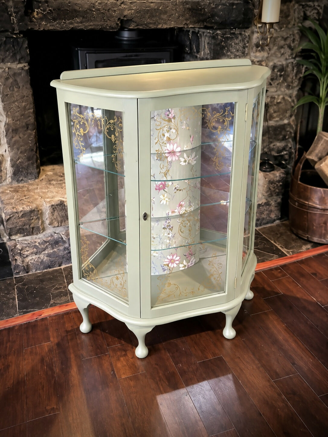 Vintage Curved Display Cabinet | Sage Green & Gold | Floral Botanical Interior | Lockable Glass Drinks Cabinet