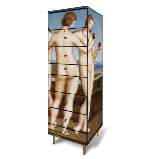 Bespoke vintage tallboy chest of drawers decorated with Raphaels painting of trhee naked ladies