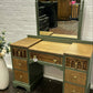 Beautiful Vintage Oak Linenfold Carved Old Charm Dressing Table And Mirror Green Gold