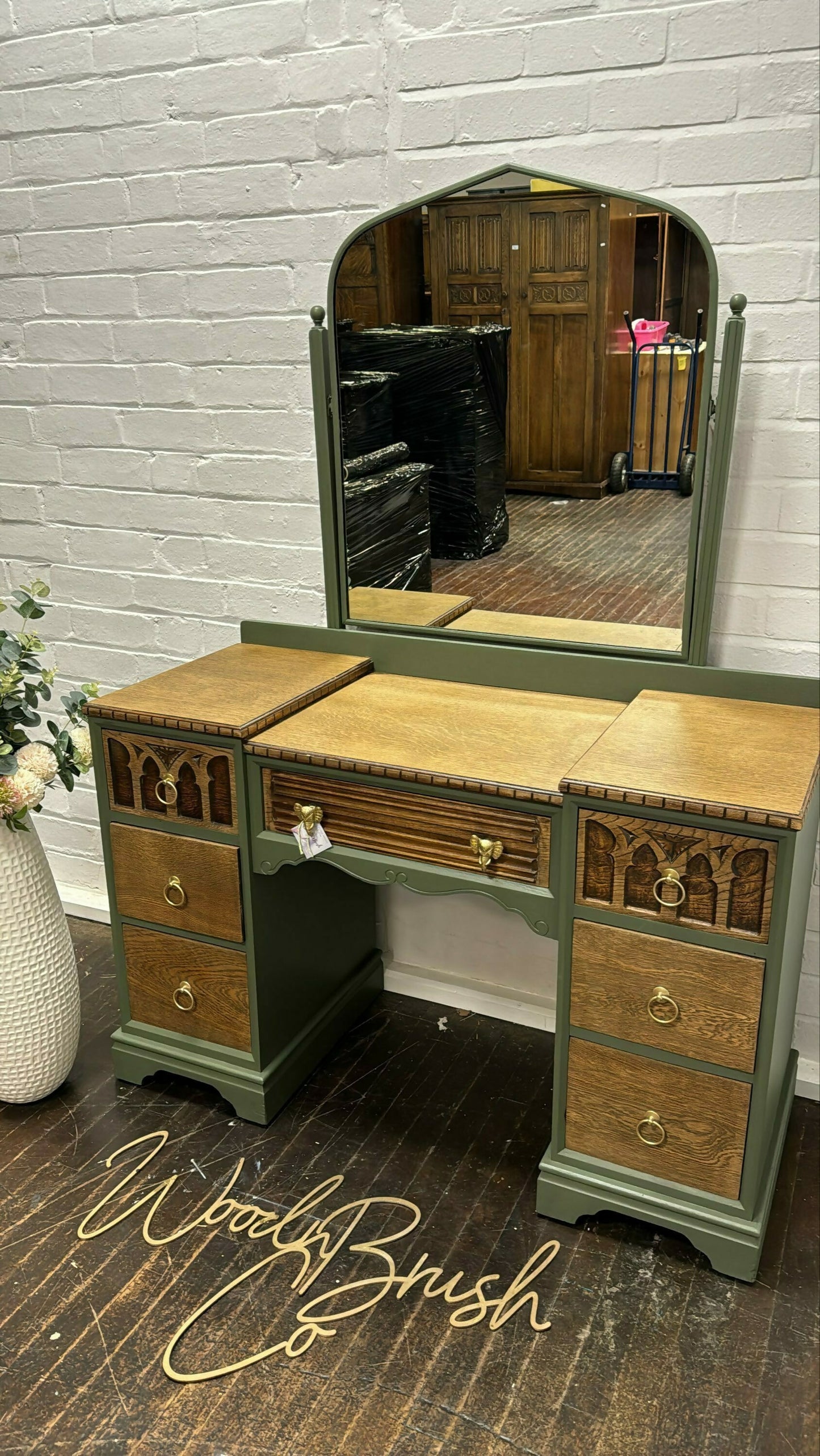 Beautiful Vintage Oak Linenfold Carved Old Charm Dressing Table And Mirror Green Gold