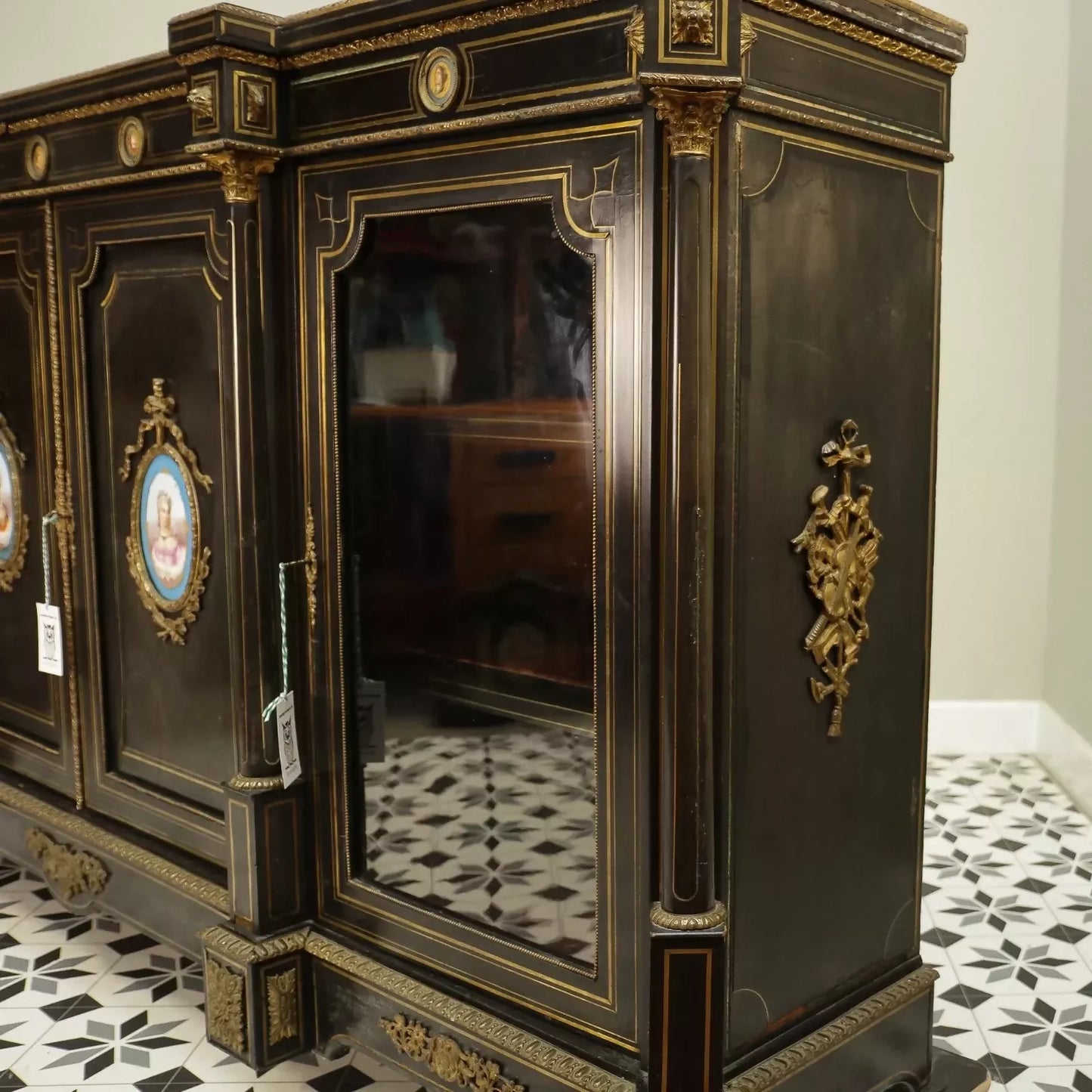 Antique Ebonised Black and Gilt Brass Credenza 19th Century with Porcelain Plaques