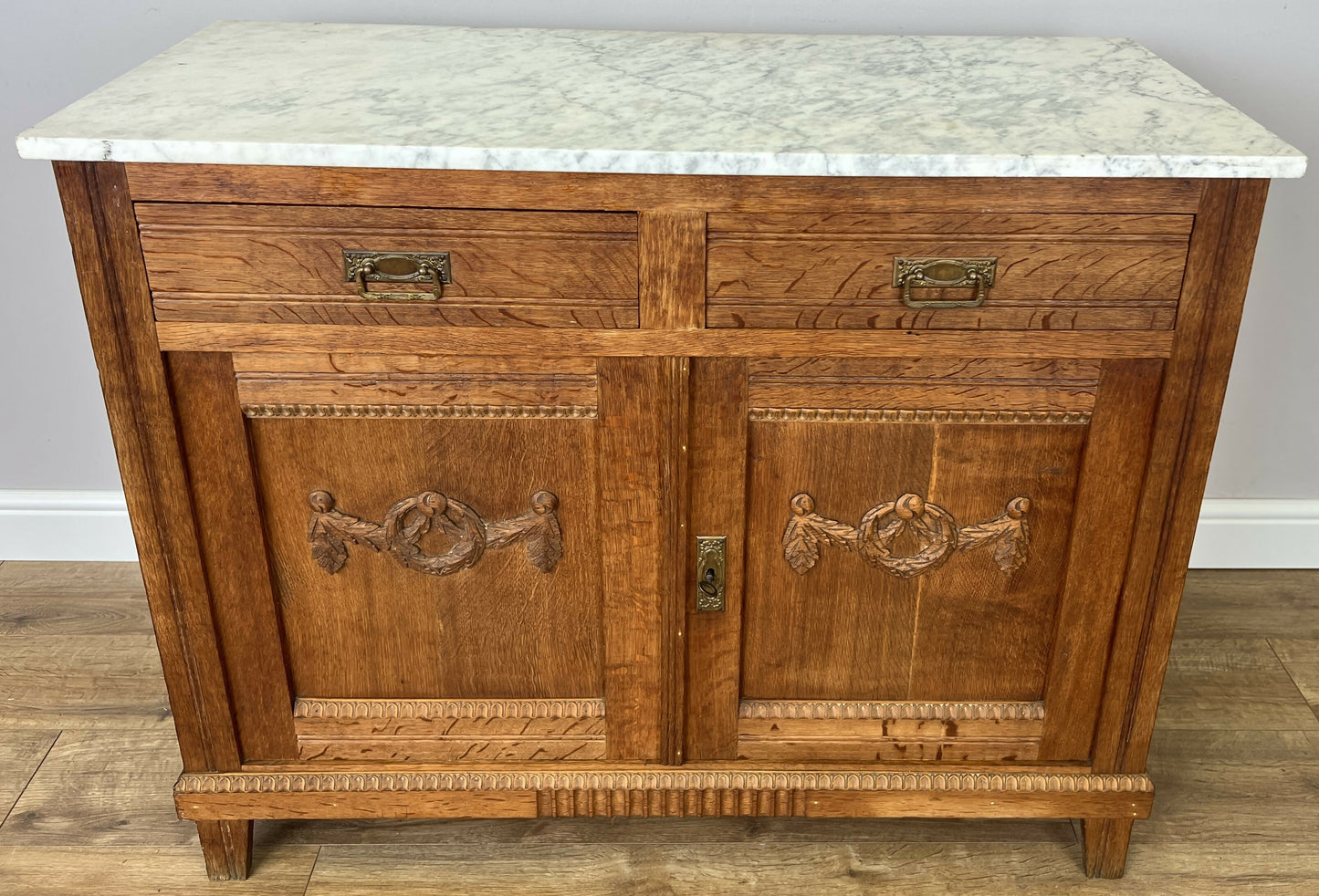 Cabinet Antique French Style Marble Top Oak Sideboard Carved Cupboard LOT 6284