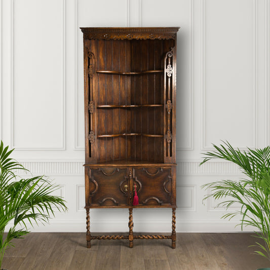 Antique Jacobean Style Solid Dark Oak Corner Cabinet