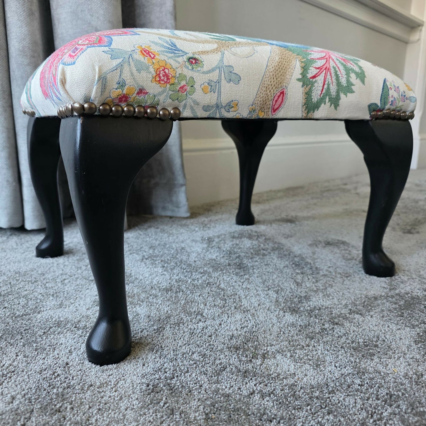 Vintage Footstool Reupholstered in Linwood Linen Wooden Frame & Cabriole Legs.