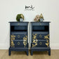 Rare refinished Stag Minstrel Tea Tray Bedside Tables in Navy Blue With Gold Floral Bird Design, Nightstands, vintage