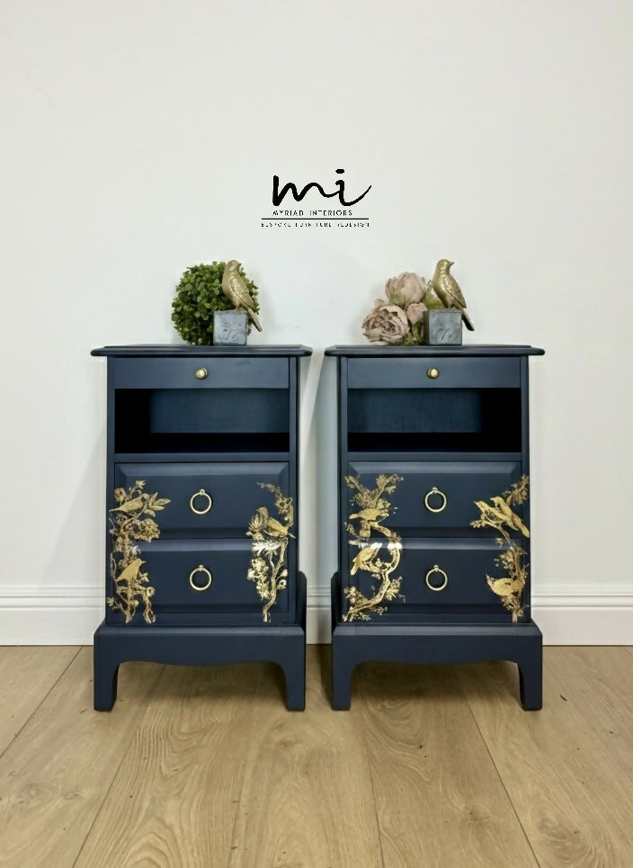 Rare refinished Stag Minstrel Tea Tray Bedside Tables in Navy Blue With Gold Floral Bird Design, Nightstands, vintage