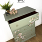 Refinished Stag Minstrel Tallboy Chest Of Drawers in Pale Green with delicate pink floral design