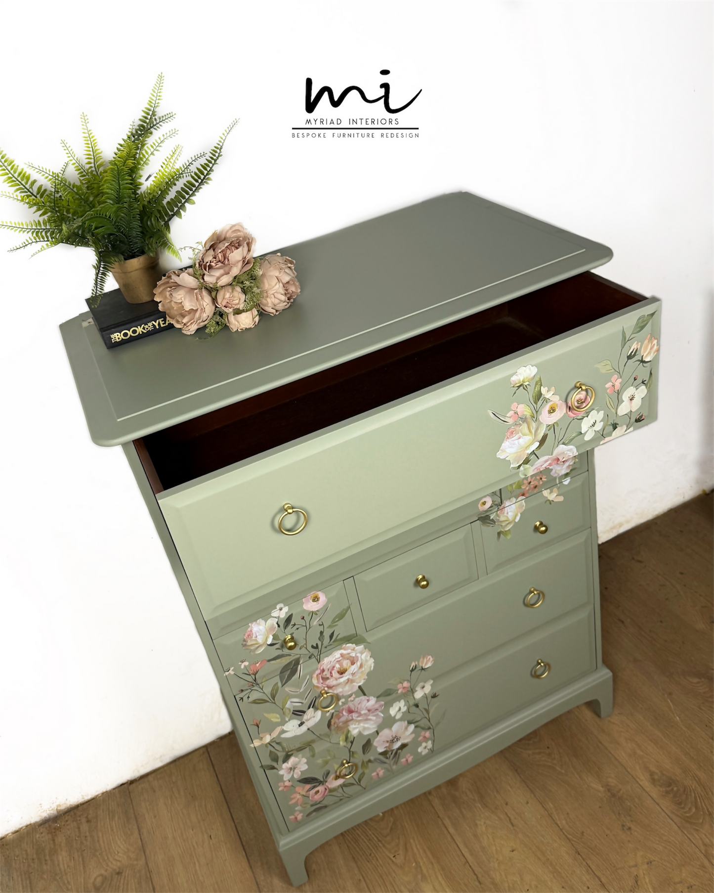 Refinished Stag Minstrel Tallboy Chest Of Drawers in Pale Green with delicate pink floral design