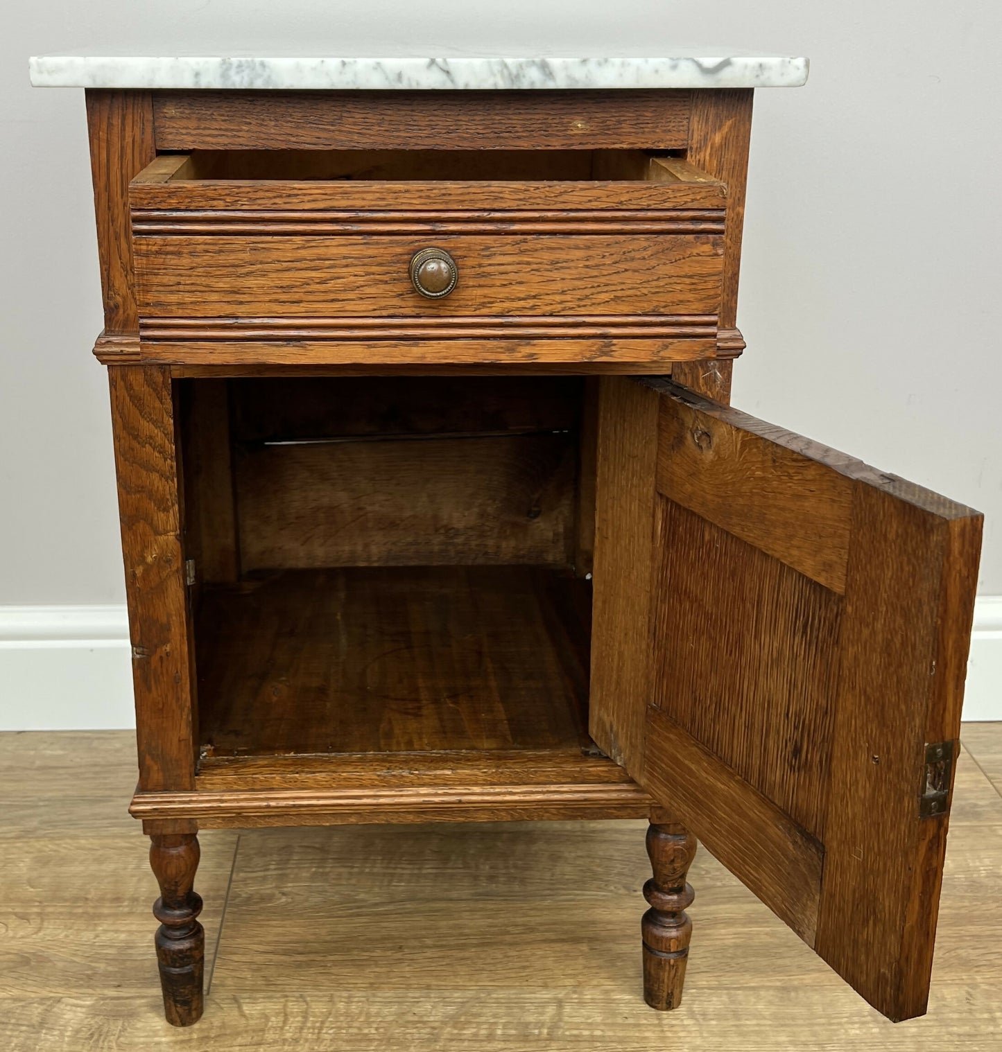 Bedside Table Antique French Style Marble Top Oak Cabinet Nightstand LOT 6235