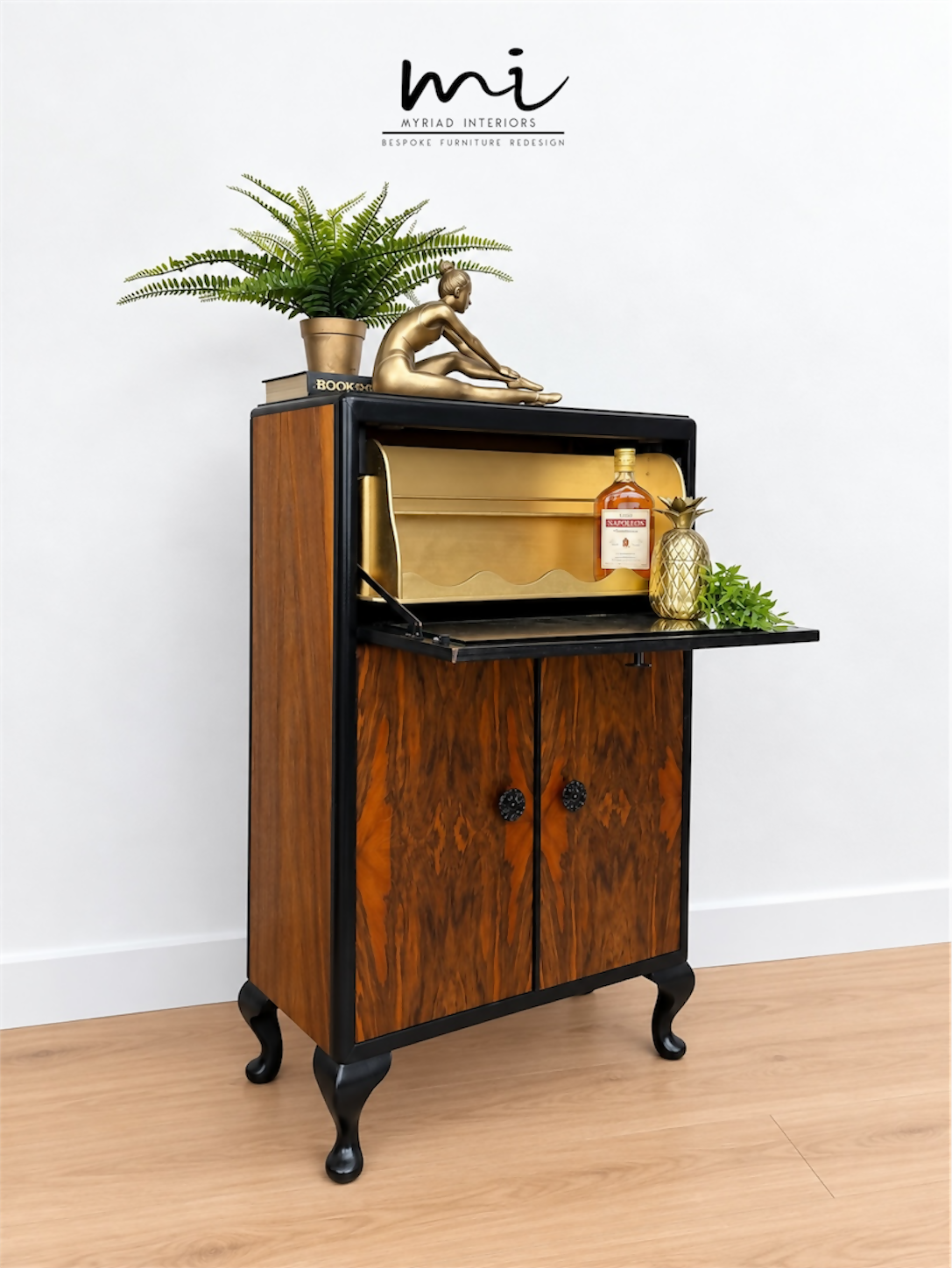 Refurbished Petit Art Deco Burl Walnut Cocktail Cabinet, black and gold drinks cabinet