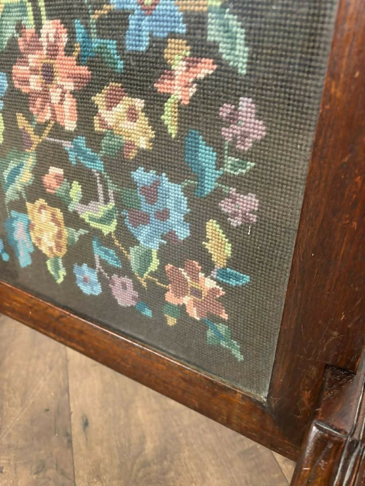 Vintage oak Framed Floral Tapestry Fire Screen