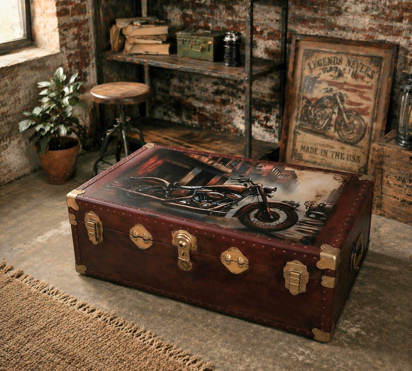 Industrial Motorcycle Coffee Table / Storage Trunk