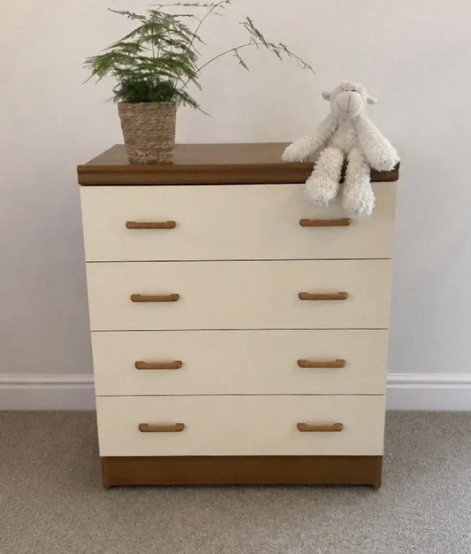 Vintage Teak Cream Bedroom Tallboy Chest Mid Century Drawers Nursery Storage