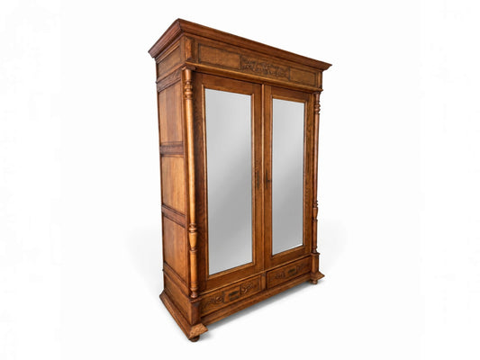 Wardrobe Antique French Style Oak Mirrored Two Door Carved Armoire LOT 6544