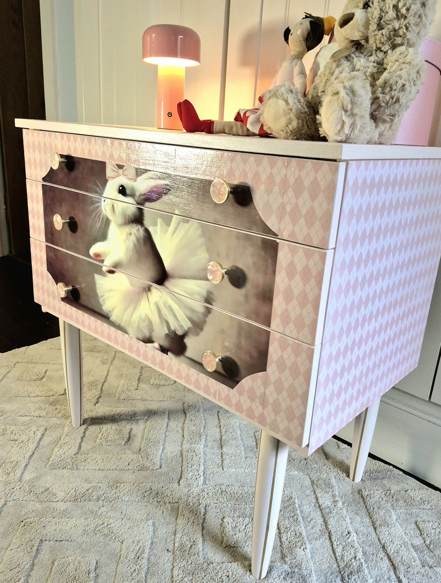 Pink Nursery Chest of Drawers – Bunny Ballerina Dresser, Upcycled MCM Kids Storage, Whimsical Baby Girl Bedroom Furniture
