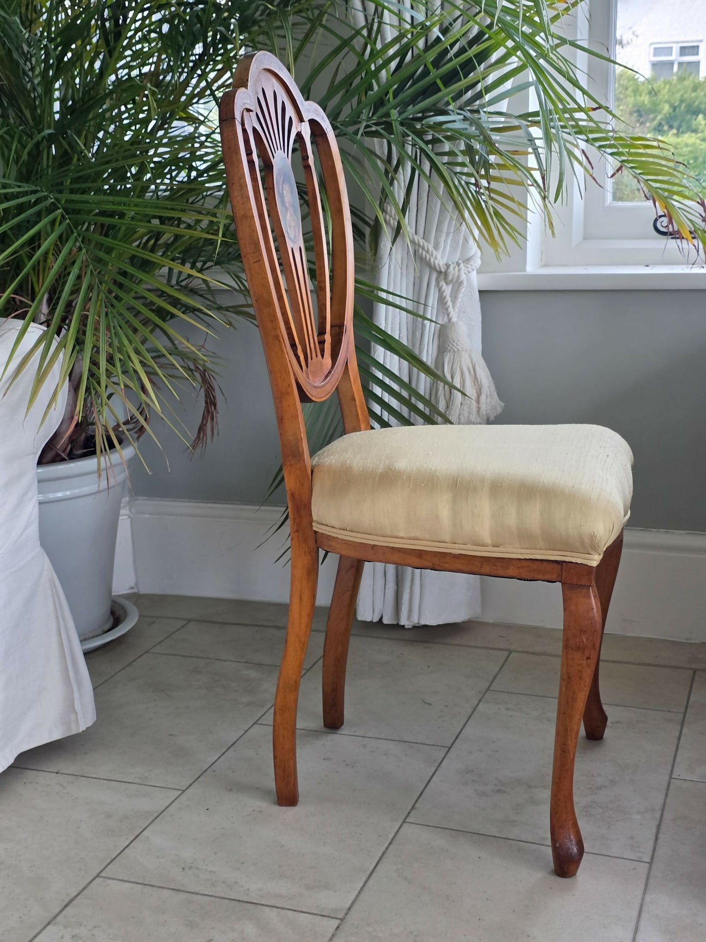 A George III-Style Satinwood Dining / Hall Chair With Hand Painted Portrait . Silk Fabric To Seat.
