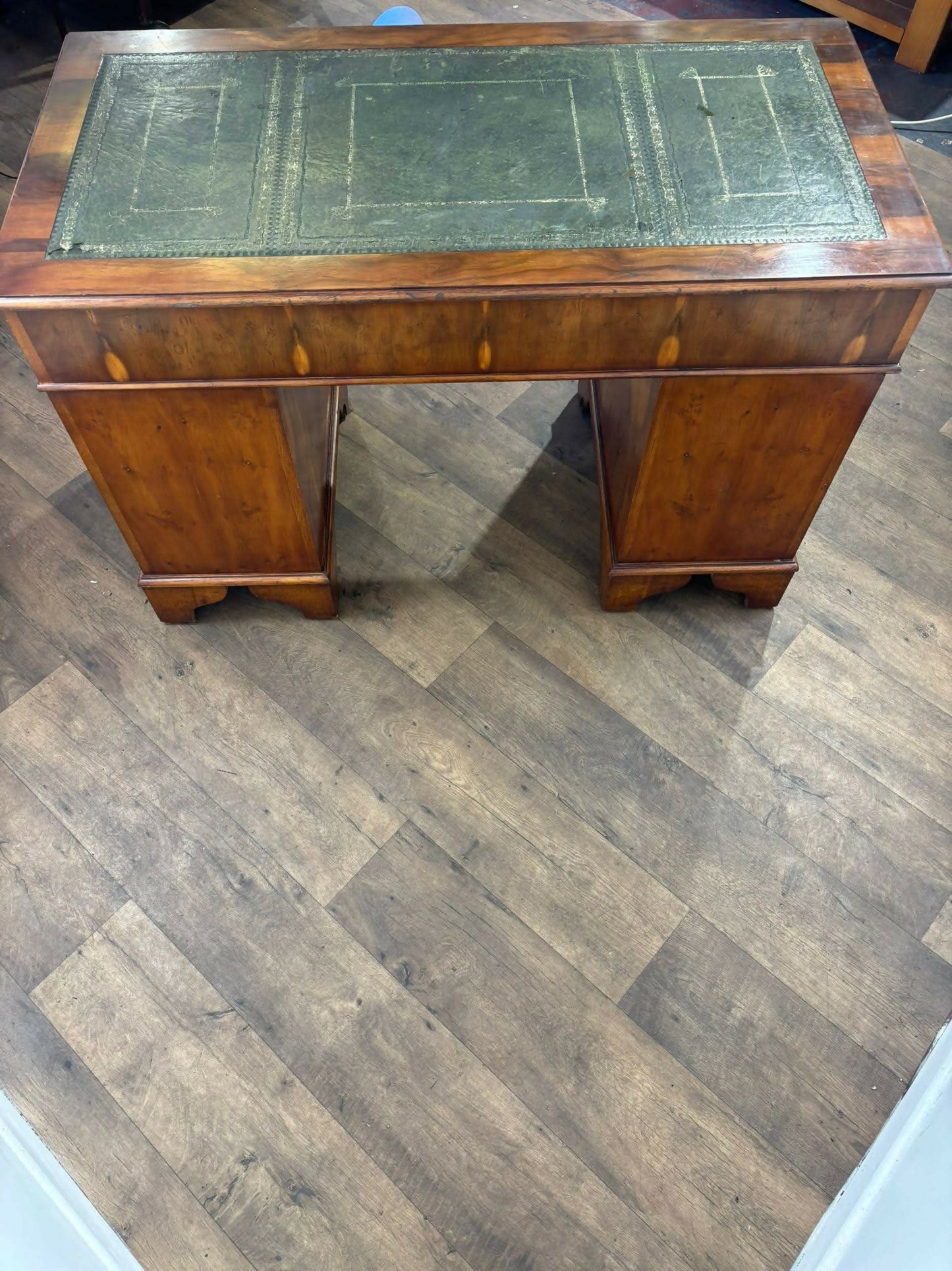 Reproduction Yew Wood Twin Pedestal Desk