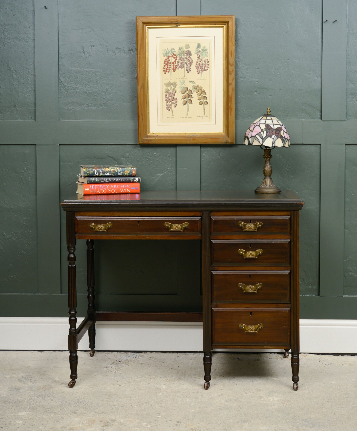 Victorian Mahogany Writing Desk - Kneehole Desk with Green Leather