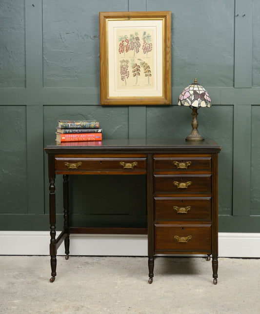 Victorian Mahogany Writing Desk - Kneehole Desk with Green Leather