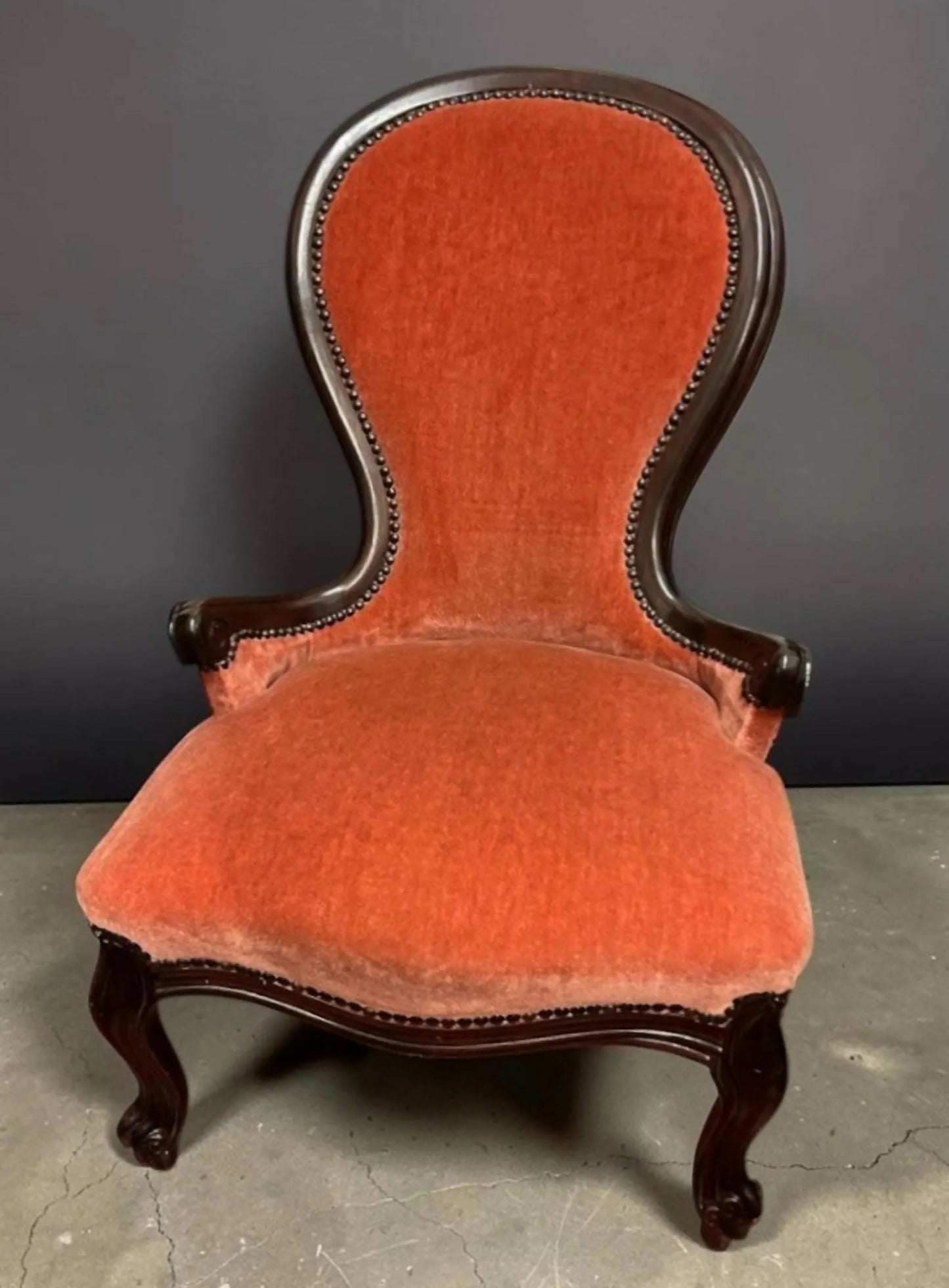 Antique Victorian Slipper Chair, Mahogany Frame, Rust Upholstery, Nursing Accent Furniture
