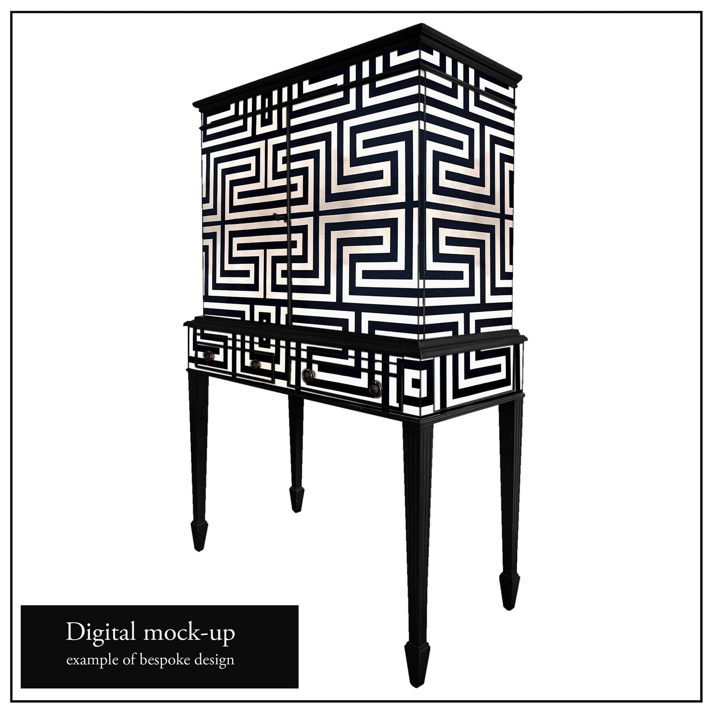 Vintage black drinks cabinet  cabinet decorated with monochrome geometric line pattern