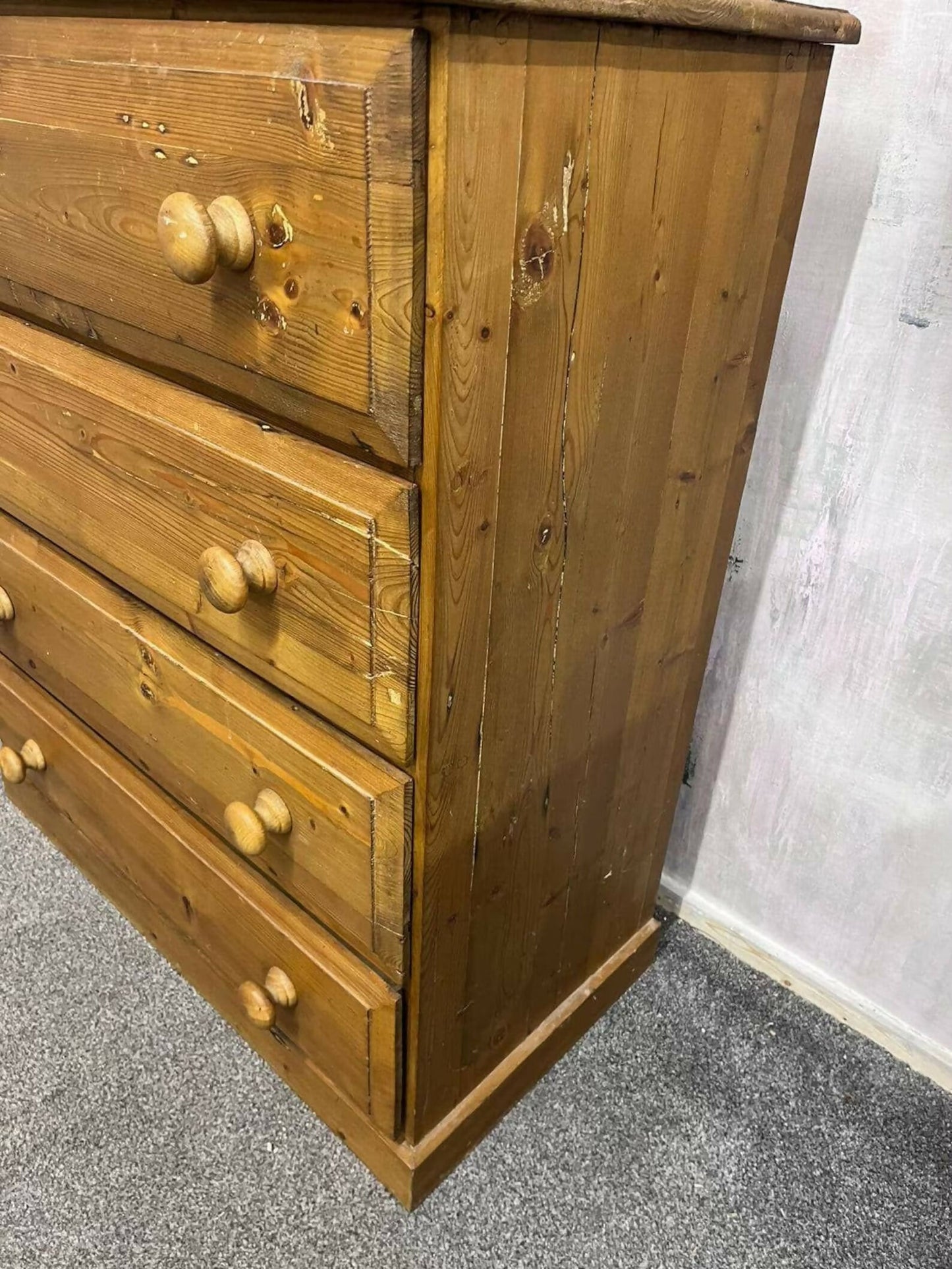 Vintage Pine Chest of 4 Deep Drawers Knob Handles Sturdy