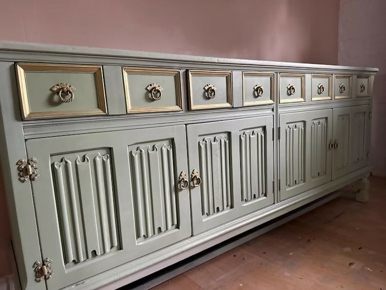 Sage Green Upcycled Sideboard, Gold Accents, Sustainable Decor