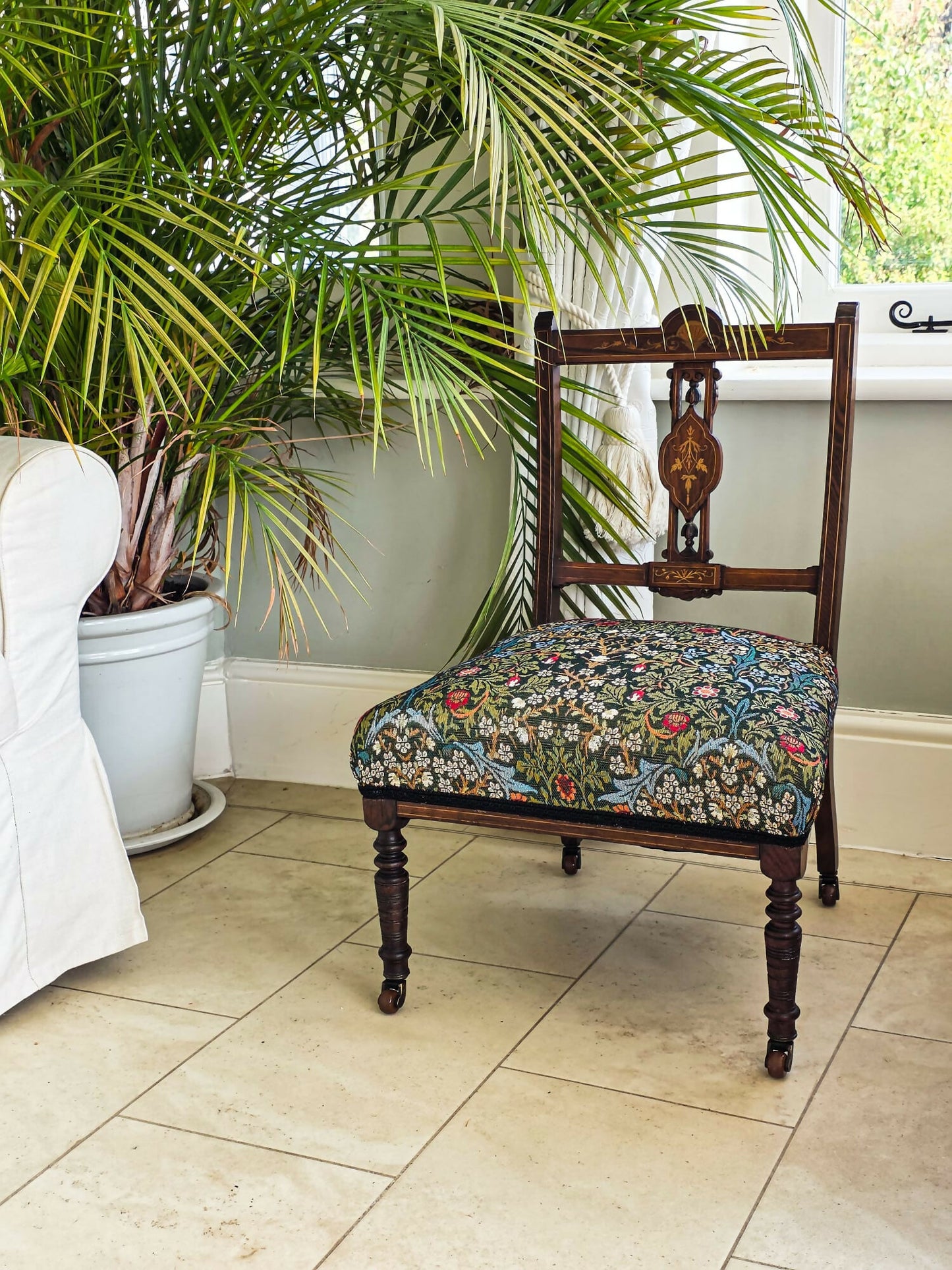 Antique, Mahogany framed Bedroom, Accent Chair on Original Castors. Covered in William Morris Fabric.