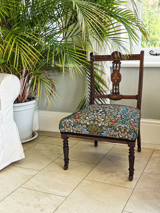 Antique, Mahogany framed Bedroom, Accent Chair on Original Castors. Covered in William Morris Fabric.