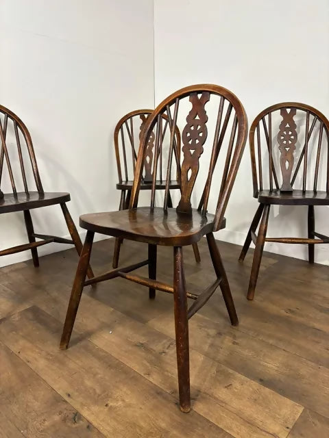 Vintage Set Of Four Oak Wheelback Dining Chairs