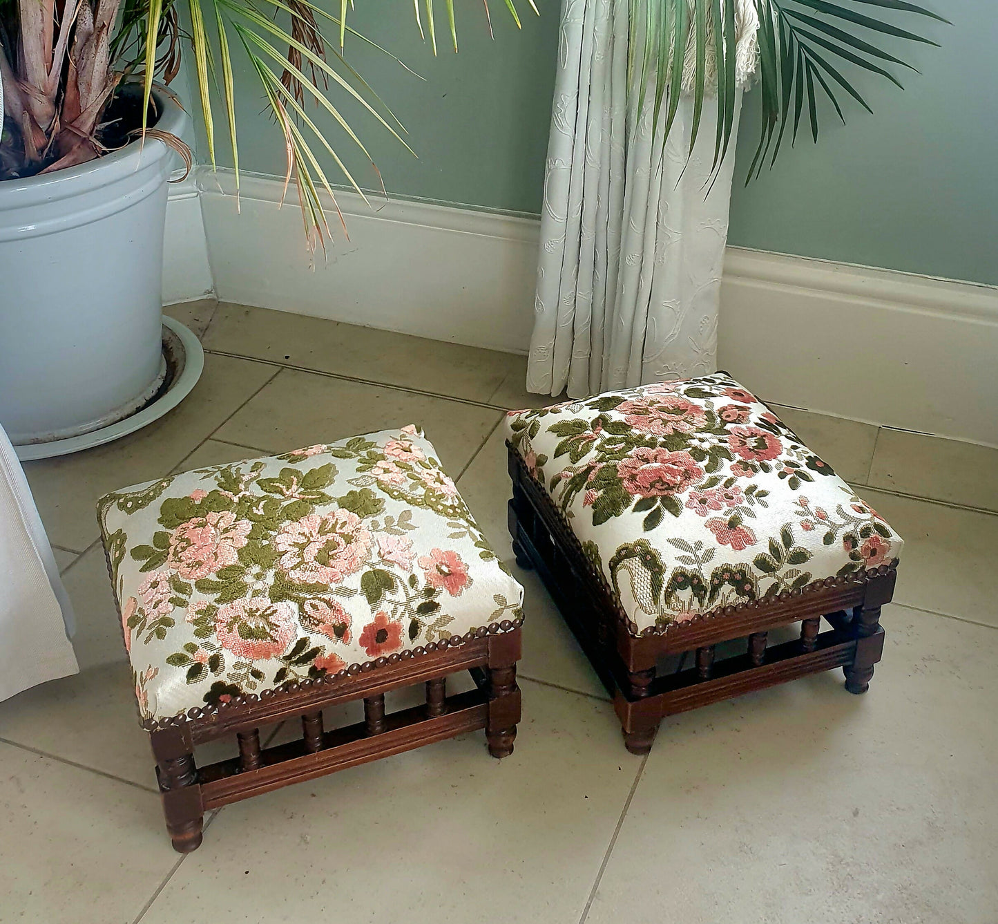 A fine Pair of late Victorian footstools. Repaired, Restored and Reupholsteted in High end French Designer fabric. Oak frames in tact.
