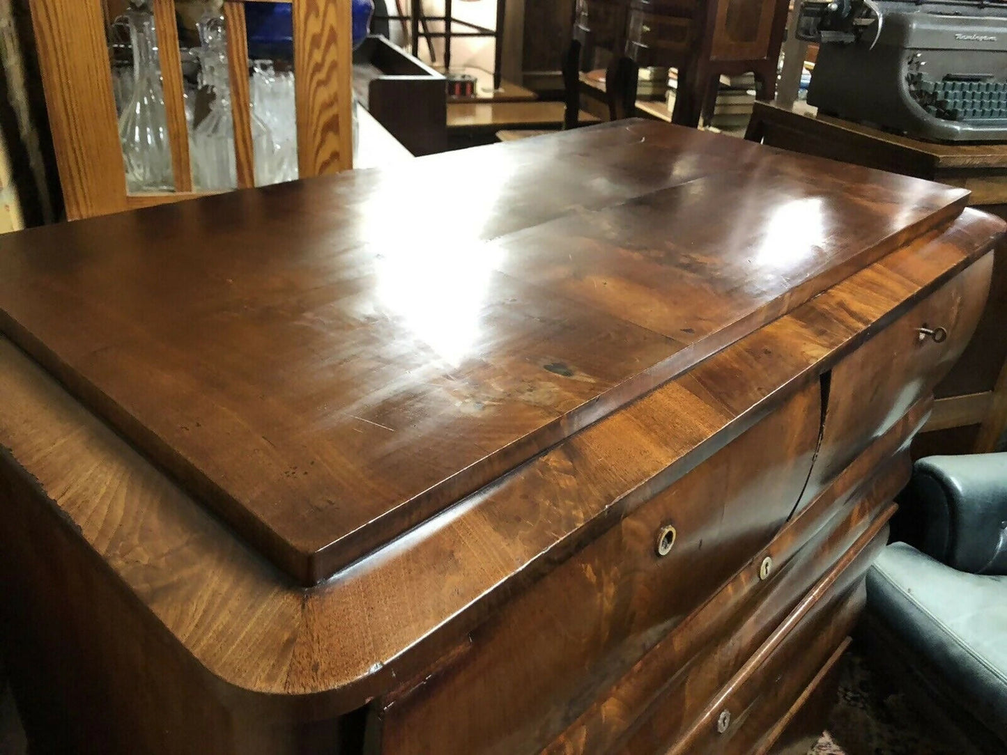 Vintage Mahogany Biedermeier Tall Chest Of Drawers, Flame Veneers. Circa 1860
