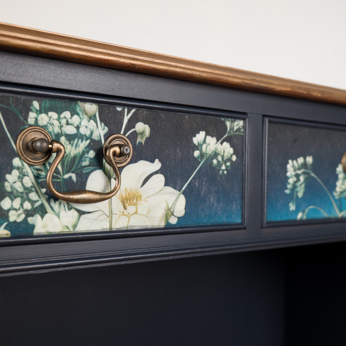 Upcycled Vintage Cabinet | Dark Navy Open Display Cabinet | Hand Painted Floral Furniture | Console Shelf