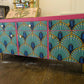 Midcentury Retro Sideboard TV Unit. Pink Teal Peacock Print Painted Upcycled Furniture
