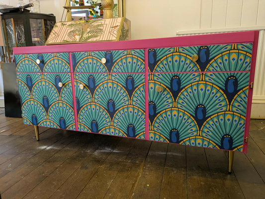 Midcentury Retro Sideboard TV Unit. Pink Teal Peacock Print Painted Upcycled Furniture