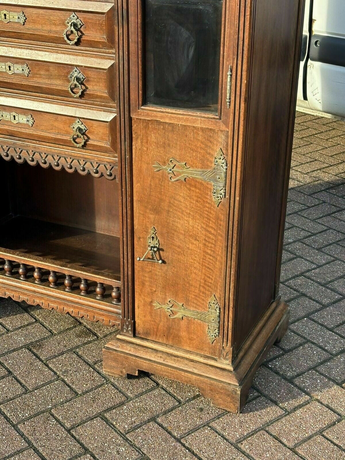 Arts & Crafts French Walnut Bookcase / Cupboard With Fitted Shelves & Drawers