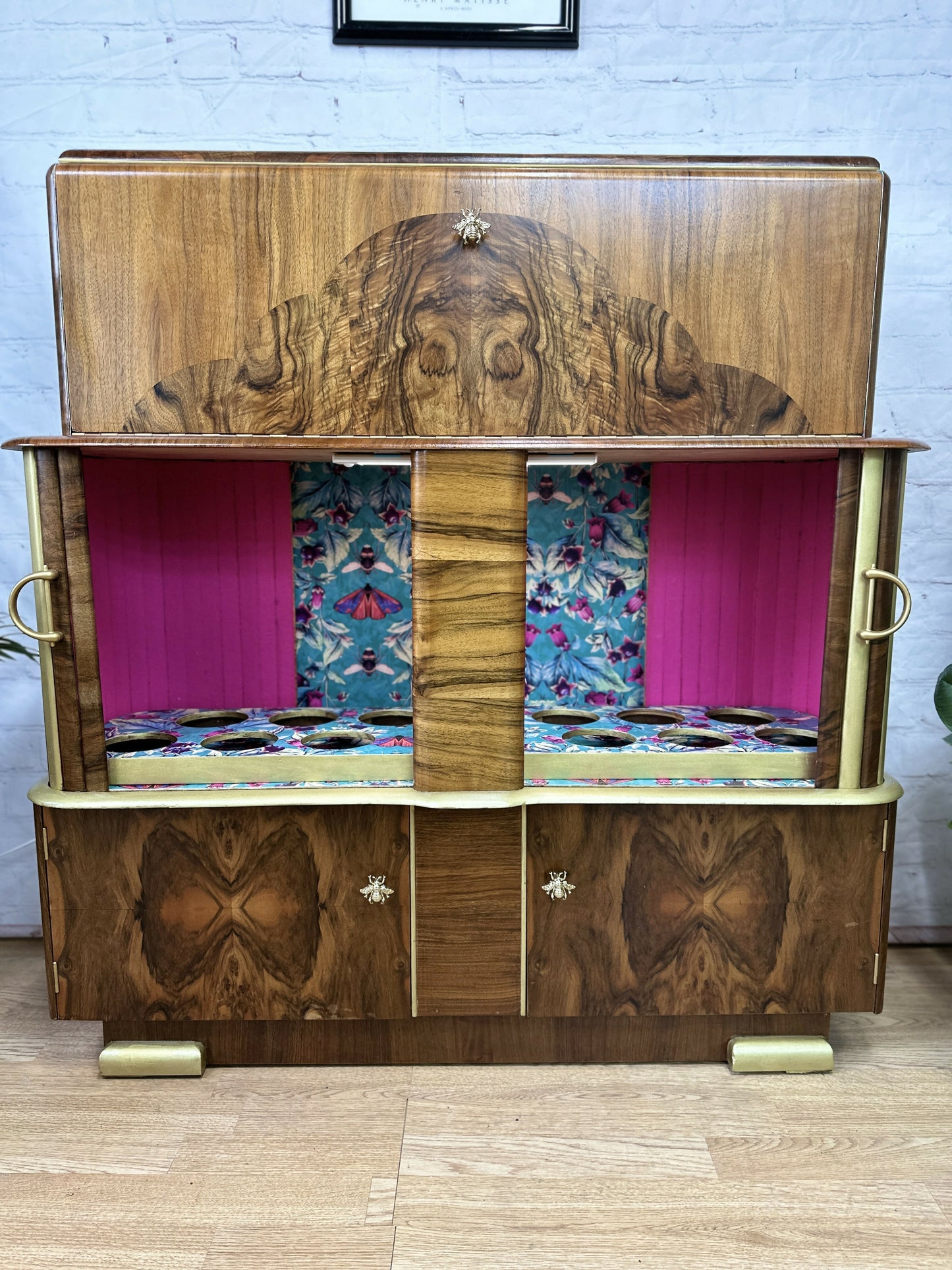 Cocktail Cabinet, Vintage Drinks Bar, Pink and Gold,1950’s Drinks Unit, Retro Bar, Walnut MADE TO ORDER