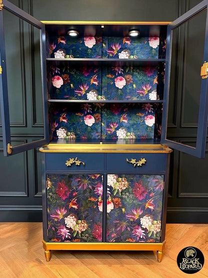 Luxury Refinished Dresser Glass Display Drinks Cabinet Blue Floral Design | Bespoke Vintage Handmade Furniture