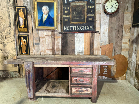 Antique Edwardian Pine Workbench Kitchen Island Bench with Cupboard & Drawers, c.1920