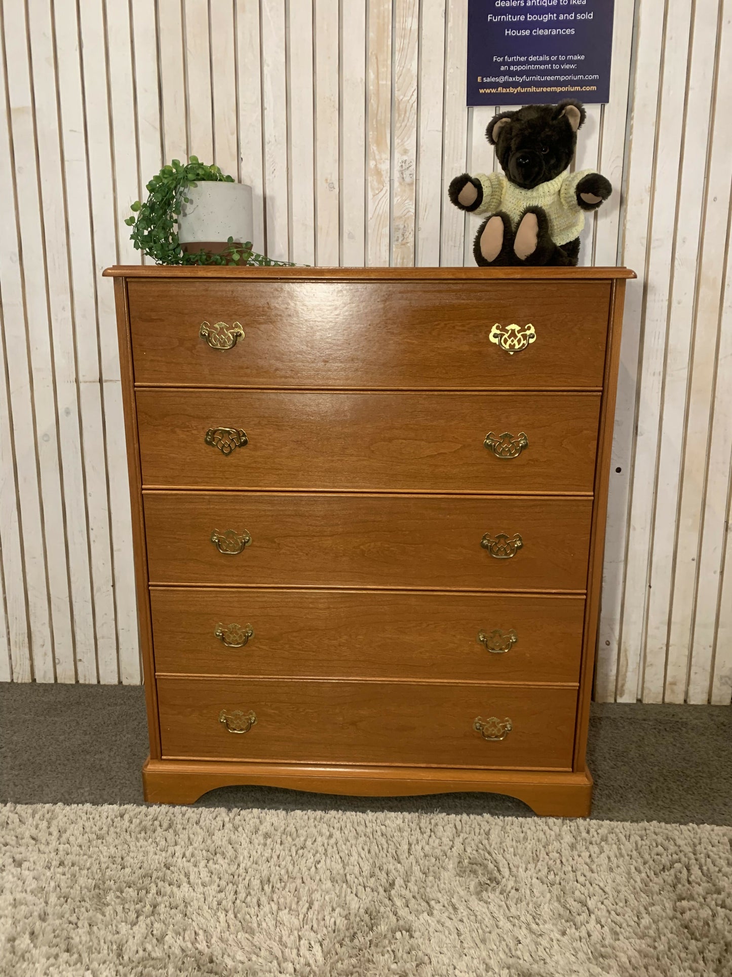 Vintage Stag Tallboy Chest – 5 Drawer Solid Wood Bedroom Storage, Retro Mid-Century Style