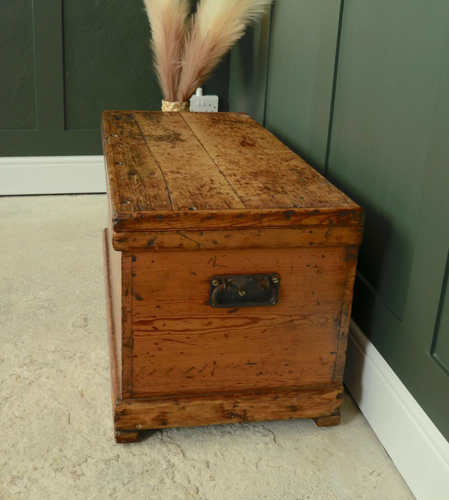 Antique Pine Trunk Box - Toy Chest - Hall Storage - Blanket Box Painted Ship