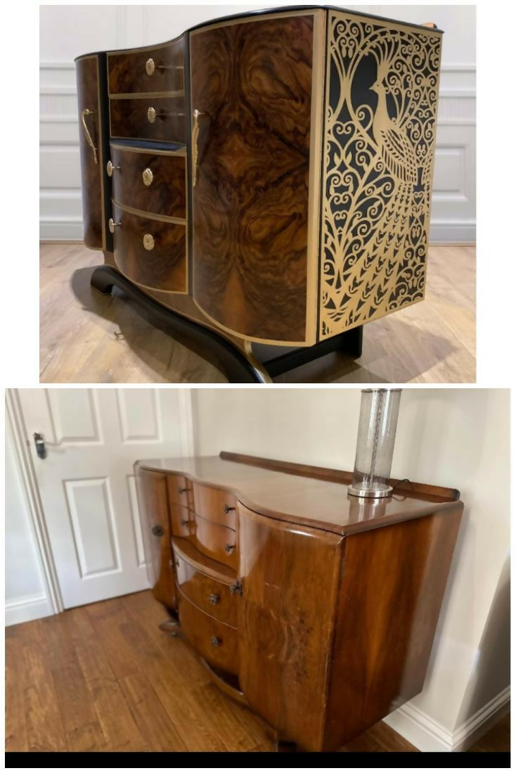 Large Art Deco Walnut and Gold Sideboard / Drinks Cabinet