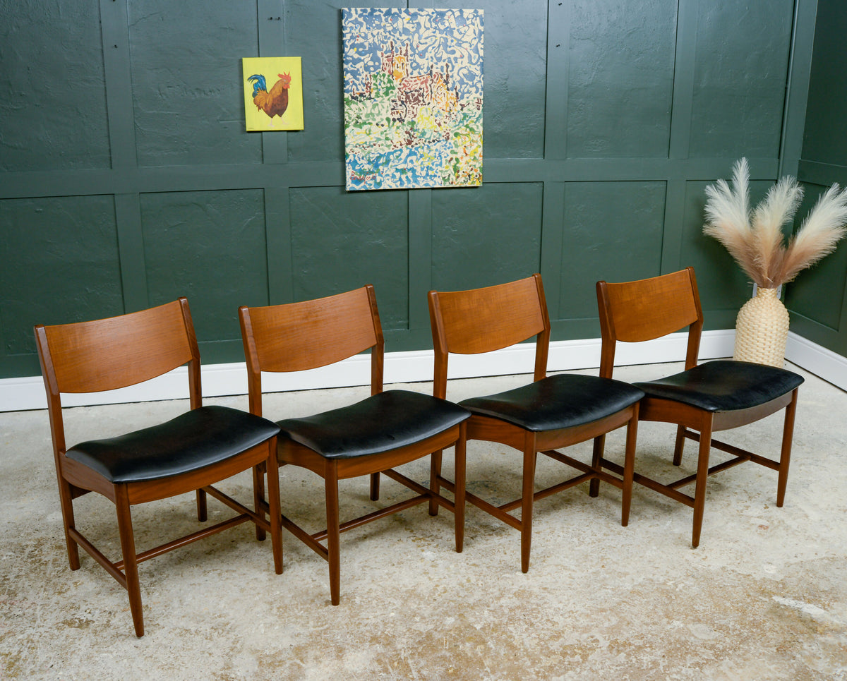 4 x Danish Teak Mid Century Dining Chairs with Black Seats -Glostrup Mobelfabrik