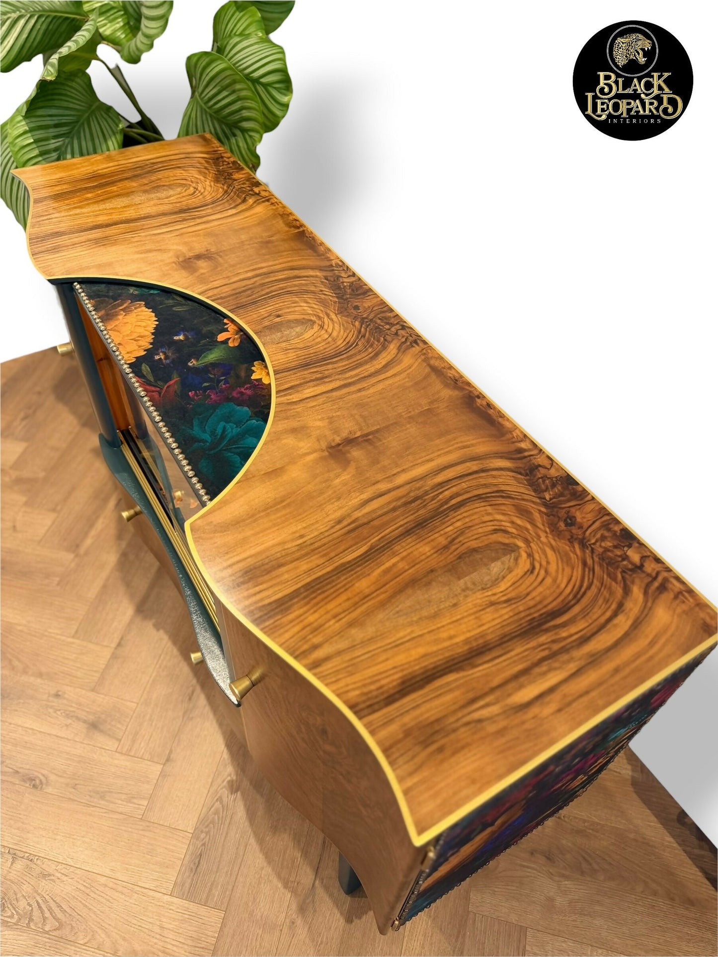 Luxury Unique Art Deco Sideboard with Drinks Cocktail Cabinet Section or TV Console | Refinished Hand Painted Vintage Green, Gold & Velvet | Black Leopard Interiors